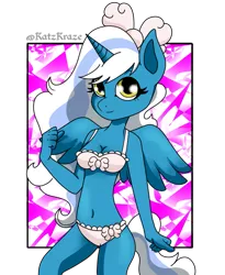 Size: 809x988 | Tagged: abstract background, adorabelle, adorasexy, alicorn, alicorn oc, anthro, artist:katzkraze, belly button, bow, bra, breasts, cleavage, clothes, cute, derpibooru import, female, frilly underwear, hair bow, horn, looking at you, mare, oc, oc:fleurbelle, panties, sexy, smiling, smiling at you, solo, suggestive, underwear, white underwear, wingding eyes, wings, yellow eyes