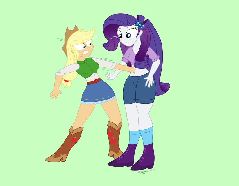 Size: 1890x1470 | Tagged: questionable, artist:necrofeline, derpibooru import, applejack, rarity, human, equestria girls, belly button, belly button vore, breasts, duo, duo female, female, gritted teeth, implied lesbian, implied rarijack, implied shipping, implied vore, midriff, preyjack, raripred, unwilling predator, unwilling prey, unwilling vore, vore, wide eyes