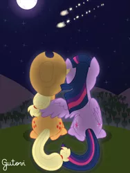 Size: 3201x4268 | Tagged: alicorn, applejack, applejack's parents, artist:gutovi, derpibooru import, female, hug, lesbian, moon, night, rear view, safe, shipping, shooting star, sitting, stars, sweet apple acres, twijack, twilight sparkle, twilight sparkle (alicorn), winghug