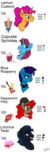 Size: 1280x3857 | Tagged: safe, artist:rutkotka, derpibooru import, oc, oc:cupcake sprinkles, oc:lemon custard, oc:licorice twist, unicorn, characters, commission, female, flirty, glasses, happy, heart, male, mare, next generation, punk, rock, sketch, stallion