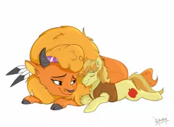 Size: 1280x931 | Tagged: safe, artist:rutkotka, derpibooru import, braeburn, little strongheart, buffalo, earth pony, pony, braeheart, clothes, cloven hooves, couple, cute, eyes closed, female, interspecies, lying down, male, older, older little strongheart, prone, shipping, simple background, smiling, snuggling, stallion, straight, vest, white background