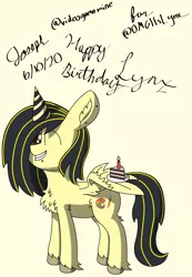 Size: 2121x3065 | Tagged: safe, artist:mlplayer dudez, derpibooru import, oc, oc:lynx, unofficial characters only, pegasus, pony, birthday, cake, candle, cel shading, chest fluff, digital art, ear fluff, food, happy, happy birthday, hat, hoof fluff, party hat, piercing, shading, signature, simple background, smiling, solo, standing, wing hands, wings