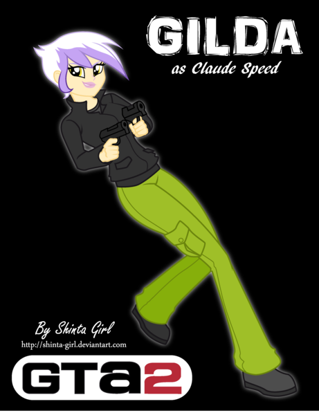 Size: 2563x3335 | Tagged: safe, artist:shinta-girl, derpibooru import, part of a set, gilda, equestria girls, aiming, black background, claude speed, clothes, commission, cosplay, costume, crossover, deviantart, digital art, equestria girls-ified, female, full body, grand theft auto, gta 2, gun, handgun, happy, high res, human coloration, jacket, leaning, leg in air, leg lifted, lifted leg, lifting leg, lipstick, looking at you, makeup, older, older gilda, one leg raised, outfit, pants, parody, pistol, pocket, pointing, radical-gilda, raised leg, reference, shirt, shoes, signature, simple background, smiley face, smiling, smiling at you, solo, standing, standing on one leg, t-shirt, trigger discipline, video game, video game crossover, video game reference, weapon, yellow eyes