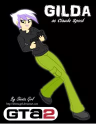 Size: 2563x3335 | Tagged: safe, artist:shinta-girl, derpibooru import, part of a set, gilda, equestria girls, aiming, black background, claude speed, clothes, commission, cosplay, costume, crossover, deviantart, digital art, equestria girls-ified, female, full body, grand theft auto, gta 2, gun, handgun, happy, high res, human coloration, jacket, leaning, leg in air, leg lifted, lifted leg, lifting leg, lipstick, looking at you, makeup, older, older gilda, one leg raised, outfit, pants, parody, pistol, pocket, pointing, radical-gilda, raised leg, reference, shirt, shoes, signature, simple background, smiley face, smiling, smiling at you, solo, standing, standing on one leg, t-shirt, trigger discipline, video game, video game crossover, video game reference, weapon, yellow eyes