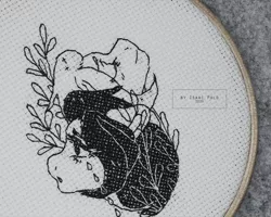 Size: 1250x1000 | Tagged: safe, artist:ipoloarts, derpibooru import, oc, pegasus, pony, black and white, bust, commission, cross stitch, crossstitching, crying, embroidery, finished commission, grayscale, handmade, monochrome, needlework, portrait, sad, solo, ych example, ych result, your character here