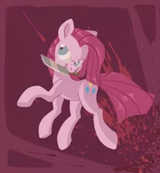 Size: 3036x3289 | Tagged: safe, artist:jimmyjamno1, derpibooru import, pinkie pie, earth pony, pony, blood, blood splatter, edgy, female, knife, mare, mouth hold, pinkamena diane pie, solo, splatter