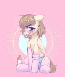 Size: 2387x2815 | Tagged: safe, artist:bloodymrr, derpibooru import, oc, oc:belle noir, pegasus, pony, abdl, ageplay, baby, baby bottle, bandage, blushing, clothes, diaper, digital art, pacifier, rcf community, socks, solo