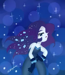 Size: 1280x1460 | Tagged: safe, artist:pinkberryprincess, derpibooru import, rarity, equestria girls, the other side, abstract background, bedroom eyes, clothes, ethereal mane, female, gloves, plushie, signature, solo, starry mane, unitard