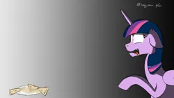 Size: 1536x864 | Tagged: safe, artist:soccy, derpibooru import, twilight sparkle, twilight sparkle (alicorn), alicorn, pony, atg 2020, fear, food, newbie artist training grounds, quesadilla, raised hoof, simple background, solo, sweat, terrified, they're just so cheesy, turophobia