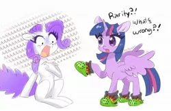 Size: 1920x1244 | Tagged: safe, artist:kaikururu, derpibooru import, rarity, twilight sparkle, twilight sparkle (alicorn), alicorn, pony, unicorn, aaaaaaaaaa, atg 2020, chest fluff, clothes, crime against fashion, crocs, dialogue, duo, duo female, fashion disaster, fear, female, image, jpeg, mare, newbie artist training grounds, screaming, simple background, sitting, socks, twilight crockle, white background