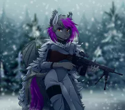 Size: 3365x2962 | Tagged: safe, artist:1an1, derpibooru import, oc, oc:lucid rose, unofficial characters only, anthro, bat pony, bat pony oc, bat wings, clothes, female, forest, gun, high res, h&k g3, snow, snowfall, solo, weapon, wings