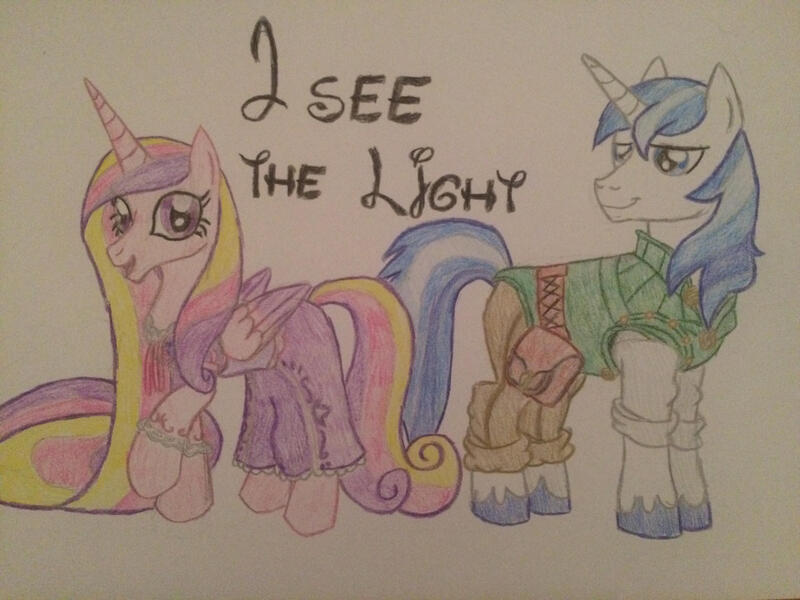 Size: 2828x2121 | Tagged: safe, artist:gibina4ever, derpibooru import, princess cadance, shining armor, alicorn, unicorn, clothes, costume, crossover, disney, dress, long hair, tangled (disney), traditional art