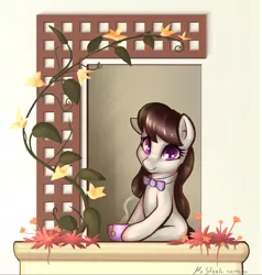 Size: 2767x2911 | Tagged: safe, artist:mrstrats, derpibooru import, octavia melody, earth pony, pony, cute, female, flower, food, mare, smiling, solo, tavibetes, tea, vine, window