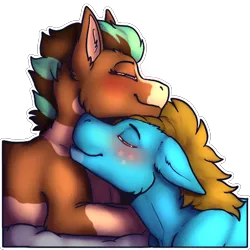 Size: 512x512 | Tagged: safe, artist:sursiq, derpibooru import, oc, oc:carbon, oc:sagebrush, unofficial characters only, earth pony, pegasus, pony, couple, cuddling, cute, eyes closed, neck nuzzle, nuzzling, oc x oc, outline, shading, shipping, smiling, snuggling, sticker, telegram, telegram sticker