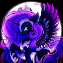Size: 3000x3000 | Tagged: safe, artist:mite-lime, derpibooru import, nightmare moon, princess luna, alicorn, pony, armor, colored wings, ear fluff, ethereal mane, female, full moon, gradient wings, high res, looking back, mare, moon, night, night sky, profile, raised hoof, sky, solo, spread wings, starry mane, starry night, starry tail, two toned wings, wings