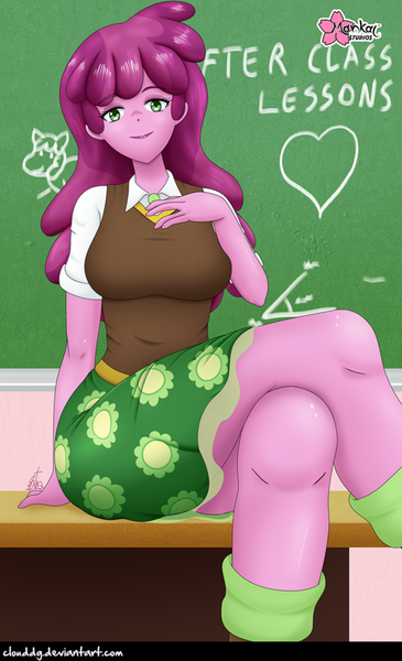 Size: 727x1196 | Tagged: safe, artist:clouddg, derpibooru import, cheerilee, equestria girls, breasts, busty cheerilee, chalkboard, classroom, crossed legs, female, legs, looking at you, school, sitting, solo