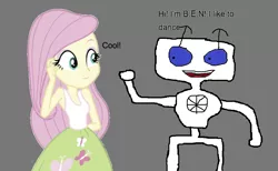 Size: 1039x639 | Tagged: safe, artist:sonicsuperstar1991, derpibooru import, fluttershy, robot, equestria girls, 1000 hours in ms paint, b.e.n, clothes, crossover, dancing, gray background, remake, simple background, watching