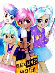 Size: 2322x3096 | Tagged: safe, alternate version, artist:liaaqila, derpibooru import, bon bon, lyra heartstrings, scootaloo, sweetie drops, trixie, human, alternate hairstyle, arm behind back, babysitter trixie, bedroom eyes, belt, black lives matter, bracelet, clothes, commission, cuffs, dark skin, female, gay pride flag, heart, hoodie, humanized, lesbian, lesbian pride flag, lyrabon, midriff, mouthpiece, older, older scootaloo, open mouth, pigtails, politics, pride, pride flag, pride month, raised eyebrow, shipping, shirt, shorts, sign, simple background, skirt, smiling, smirk, spiked wristband, t-shirt, tanktop, traditional art, trans girl, trans trixie, transgender, transgender pride flag, twintails, white background, wristband