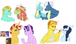 Size: 3500x2058 | Tagged: safe, artist:whalepornoz, derpibooru import, fleetfoot, lightning dust, night glider, soarin', spitfire, starlight glimmer, sunset shimmer, tree hugger, earth pony, pegasus, pony, unicorn, alternate hairstyle, arm cast, bag, bandage, beard, cast, clothes, cup, drink, drinking straw, facial hair, female, firestorm, flightshade, glide, lightheel, lightning powder, male, mare, rule 63, saddle bag, scene interpretation, simple background, stallion, stellar gleam, straw, sunset glare, transparent background, tree top, uniform, wonderbolt trainee uniform