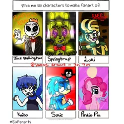 Size: 1080x1080 | Tagged: safe, artist:vassy.draws, derpibooru import, pinkie pie, earth pony, hedgehog, pony, six fanarts, animatronic, bone, bust, clothes, crossover, female, five nights at freddy's, frown, glowing eyes, jack skellington, kaito, loki, male, mare, marvel, scarf, skeleton, smiling, sonic movie 2020, sonic the hedgehog, sonic the hedgehog (series), springtrap, staff, the nightmare before christmas, vocaloid