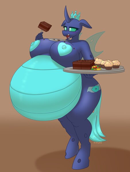 Size: 1668x2209 | Tagged: questionable, artist:puetsua, derpibooru import, oc, oc:sektiss, unofficial characters only, anthro, changeling, areola, belly, big belly, big breasts, blue changeling, breasts, cake, changeling oc, eating, female, food, heart areola, huge belly, huge breasts, impossibly large belly, impossibly large breasts, nipples, nudity, pregnant, solo, solo female