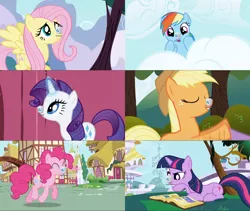 Size: 2732x2304 | Tagged: safe, derpibooru import, edit, edited screencap, screencap, applejack, fluttershy, pinkie pie, rainbow dash, rarity, twilight sparkle, earth pony, pegasus, pony, unicorn, friendship is magic, mane six, ponies balancing stuff on their nose, recycle bin, unicorn twilight, wallpaper