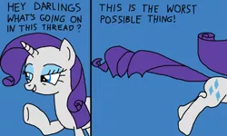 Size: 1250x750 | Tagged: safe, artist:nopony, derpibooru import, rarity, pony, unicorn, 2 panel comic, atg 2020, blue background, comic, darling, female, mare, newbie artist training grounds, running, simple background, solo, talking, text, the worst possible thing, what's going on in this thread