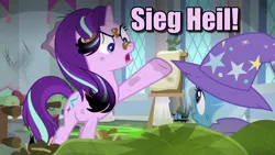 Size: 1920x1080 | Tagged: safe, deleted from derpibooru, derpibooru import, edit, edited screencap, screencap, starlight glimmer, trixie, pony, unicorn, a horse shoe-in, angry, burned, caption, dirty, female, image macro, mare, messy, nazi, one hoof raised, sieg heil, text, text edit