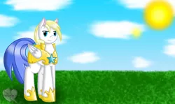 Size: 894x532 | Tagged: armor, artist:yazmen10, cloud, derpibooru import, oc, oc:cloud skipper, pegasus, pegasus oc, royal guard, royal guard armor, safe, solo, sun, wings