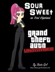 Size: 2552x3300 | Tagged: safe, artist:shinta-girl, derpibooru import, part of a set, sour sweet, equestria girls, black background, clothes, coat, commission, cosplay, costume, crossover, deviantart, digital art, eyeshadow, female, freckles, full body, gangster, grand theft auto, gta liberty city stories, gun, high res, human coloration, italian, left handed, lidded eyes, looking at you, mafia, makeup, narrowed eyes, outfit, pants, parody, ponytail, purple eyes, reference, serious, serious face, shirt, shoes, shotgun, signature, simple background, solo, standing, suit, toni cipriani, trigger discipline, video game, video game crossover, video game reference, weapon