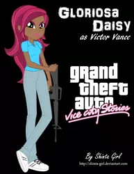 Size: 2552x3300 | Tagged: safe, artist:shinta-girl, derpibooru import, part of a set, gloriosa daisy, equestria girls, assault rifle, black background, clothes, commission, cosplay, costume, crossed legs, crossover, dark skin, deviantart, digital art, female, freckles, full body, grand theft auto, green eyes, gta vice city stories, gun, high res, human coloration, jeans, left handed, lights, lipstick, looking at you, machine gun, makeup, neon, neon sign, outfit, pants, parody, reference, rifle, serious, serious face, shirt, shoes, signature, simple background, sneakers, solo, standing, trigger discipline, victor vance, video game, video game crossover, video game reference, weapon