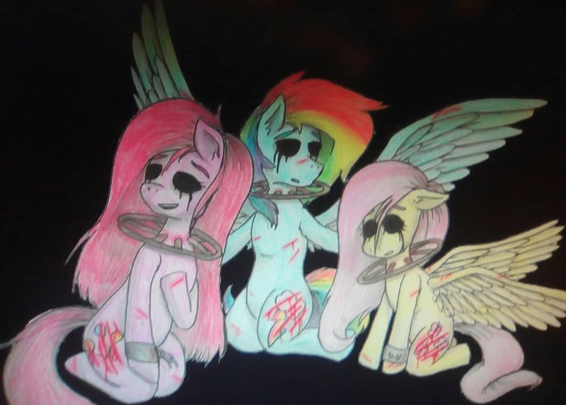 Size: 1080x774 | Tagged: grimdark, artist:anaellexe, derpibooru import, fluttershy, pinkie pie, rainbow dash, earth pony, pegasus, abuse, amnesiashy, amnesia the dark descent, black background, black sclera, cutiemarking, dashabuse, female, flutterbuse, kneeling, mare, my little amnesia, open mouth, pinkiebuse, scar, simple background, spread wings, wings