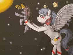 Size: 1080x821 | Tagged: safe, artist:anaellexe, derpibooru import, oc, unofficial characters only, pegasus, pony, unicorn, :o, baby, baby pony, female, glowing horn, holding a pony, horn, magic, mare, open mouth, pegasus oc, pencil, raised hoof, space, stars, stitches, telekinesis, traditional art, unicorn oc, wings