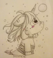 Size: 1008x1110 | Tagged: safe, artist:anaellexe, derpibooru import, oc, unofficial characters only, pony, unicorn, bandaid, bubble, bust, female, horn, looking up, mare, solo, stitches, traditional art, unicorn oc