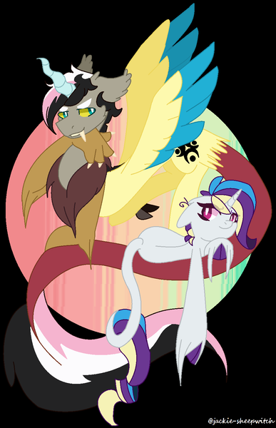 Size: 976x1512 | Tagged: safe, artist:jackie-sheepwitch, derpibooru import, oc, oc:disarray, oc:scarlet aurora, unofficial characters only, draconequus, hybrid, pony, unicorn, abstract background, draconequus oc, duo, female, hoof polish, horn, interspecies offspring, magical lesbian spawn, mare, next generation, offspring, parent:discord, parent:fluttershy, parent:rainbow dash, parent:rarity, parents:discoshy, parents:raridash, unicorn oc