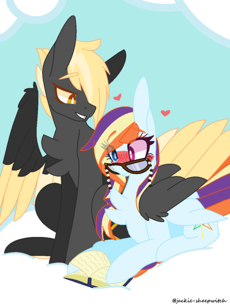 Size: 960x1280 | Tagged: safe, artist:jackie-sheepwitch, derpibooru import, oc, oc:feather fall, oc:rainbow nova, unofficial characters only, pegasus, pony, blushing, book, chest fluff, cloud, female, glasses, heterochromia, hug, magical gay spawn, magical lesbian spawn, male, mare, next generation, oc x oc, offspring, on a cloud, parent:rainbow dash, parent:rarity, parent:thunderlane, parent:zephyr breeze, parents:raridash, pegasus oc, prone, reading, shipping, solo, stallion, straight, wide eyes, winghug, wings