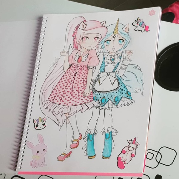 Size: 1080x1080 | Tagged: safe, artist:eli.moon.378, derpibooru import, oc, unofficial characters only, human, rabbit, unicorn, animal, clothes, dress, eared humanization, female, horn, horned humanization, humanized, shoes, traditional art, winged humanization, wings