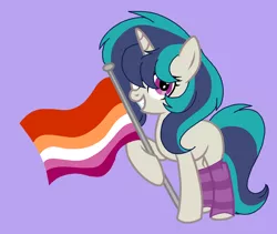 Size: 2740x2313 | Tagged: safe, artist:circuspaparazzi5678, derpibooru import, oc, oc:elastic cannon, pony, unicorn, base used, clothes, female, lesbian, lesbian pride flag, magical lesbian spawn, next generation, offspring, parent:octavia melody, parent:vinyl scratch, parents:scratchtavia, pride, pride flag, pride month, socks, solo, striped socks