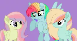 Size: 1616x868 | Tagged: safe, artist:circuspaparazzi5678, derpibooru import, oc, oc:rainboom, oc:rainbow blitz, oc:rainbow splash, earth pony, pony, base used, cute, ear piercing, earring, female, flying, jewelry, magical lesbian spawn, mlp movie style, multicolored hair, next generation, offspring, parent:fluttershy, parent:rainbow dash, parents:flutterdash, piercing, purple background, rainbow hair, rainbow makeup, siblings, simple background, sisters, smiling