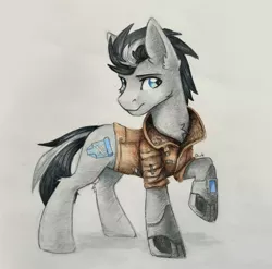 Size: 1454x1438 | Tagged: safe, artist:dark lightning, derpibooru import, oc, unofficial characters only, earth pony, pony, clothes, jacket, leather jacket, photo, solo, traditional art