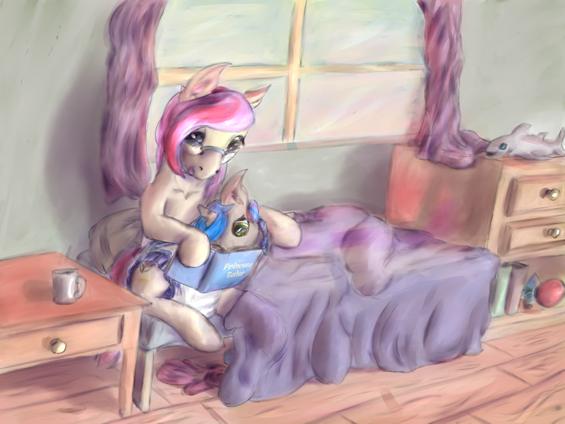 Size: 1600x1200 | Tagged: suggestive, artist::snowfrost, derpibooru import, oc, oc:sprite, oc:understudy, unofficial characters only, alicorn, earth pony, pony, shark, ball, bedroom, blanket, book, clothes, cup, diaper, diaper fetish, dress, fetish, head on lap, pillow, plushie, snuggling, sunset, window