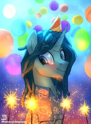 Size: 2000x2712 | Tagged: safe, artist:jedayskayvoker, derpibooru import, oc, ponified, unofficial characters only, pony, unicorn, balloon, birthday, blushing, clothes, dreadlocks, facial hair, happy birthday, hat, horn, male, party hat, shirt, smiling, solo, sparkler (firework), stallion, unicorn oc