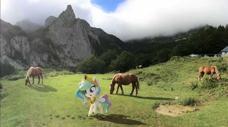 Size: 1229x684 | Tagged: safe, derpibooru import, screencap, princess celestia, horse, pony, book filled adventure, my little pony: pony life, my little pony: stop motion short, car, house, irl, irl horse, live action, mountain, one of these things is not like the others, pasture, photo, stop motion