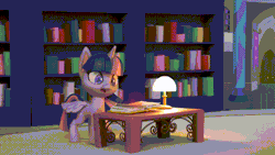 Size: 800x450 | Tagged: safe, derpibooru import, screencap, twilight sparkle, twilight sparkle (alicorn), alicorn, pony, book filled adventure, my little pony: pony life, my little pony: stop motion short, animated, book, bookshelf, gif, lamp, solo, stop motion, table