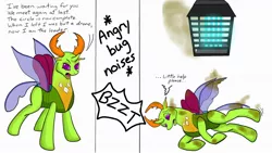 Size: 1280x720 | Tagged: artist:termyotter, behaving like a moth, bugs doing bug things, bug zapper, burnt, changedling, changeling, derpibooru import, descriptive noise, fail, king thorax, lamp, safe, solo, star wars, this ended in pain, thorax