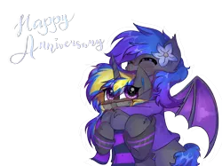 Size: 5530x4147 | Tagged: safe, artist:justkattyo, derpibooru import, oc, oc:grey, oc:rapid shadow, unofficial characters only, bat pony, unicorn, anniversary, clothes, couple, cuddling, ear fluff, flower, fluffy, gay, glasses, happy, hoodie, hug, huggle, love, male, oc x oc, scarf, shipping, simple background, smiling, snuggling, surprised, transparent background, wings