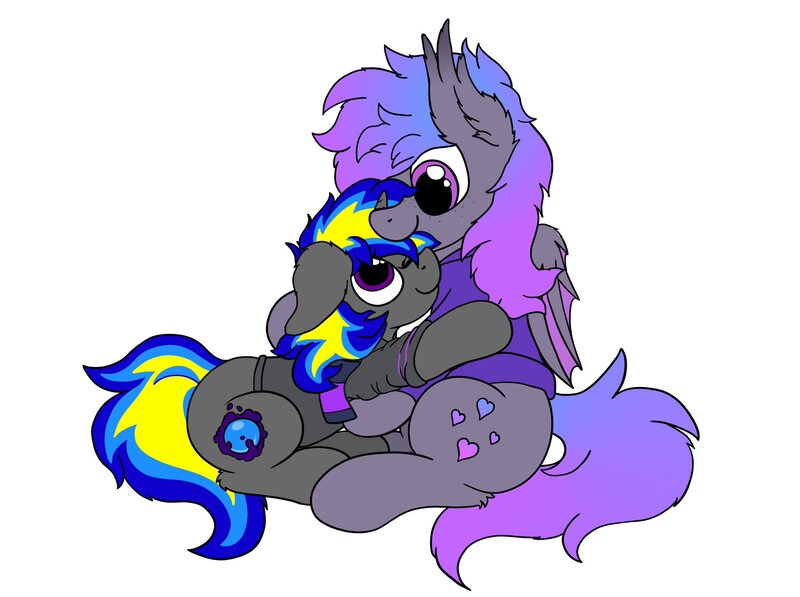 Size: 2048x1529 | Tagged: safe, artist:aaathebap, derpibooru import, oc, oc:grey, oc:rapid shadow, unofficial characters only, bat pony, pony, unicorn, clothes, couple, cuddling, ear floof, freckles, gay, holding a pony, hoodie, hug, looking at each other, male, nom, scarf, shipping, wings