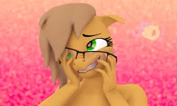 Size: 3000x1800 | Tagged: suggestive, artist:jdarts6, derpibooru import, oc, oc:jane doe, anthro, earth pony, 3d, ahegao, ahego meme, bust, crooked glasses, cross-eyed, drool, female, floppy ears, glasses, grin, heart eyes, implied nudity, implied orgasm, nudity, open mouth, pink background, portrait, simple background, smiling, solo, solo female, source filmmaker, tongue out, watermark, wingding eyes