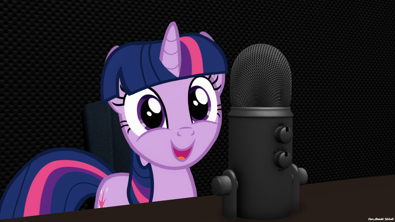 Size: 2560x1438 | Tagged: safe, artist:faze-alan-mskull2019, derpibooru import, twilight sparkle, pony, unicorn, asmr, cute, female, irl, looking at you, mare, microphone, photo, ponies in real life, smiling, solo, talking, twiabetes, unicorn twilight