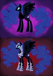 Size: 564x815 | Tagged: artist needed, safe, derpibooru import, nightmare moon, alicorn, pony, journey of the spark, antagonist, armor, comparison, concept art, ethereal mane, ethereal tail, female, helmet, hoof shoes, mare, missing accessory, no armor, peytral, red background, redesign, simple background, slit pupils, starry mane, wings